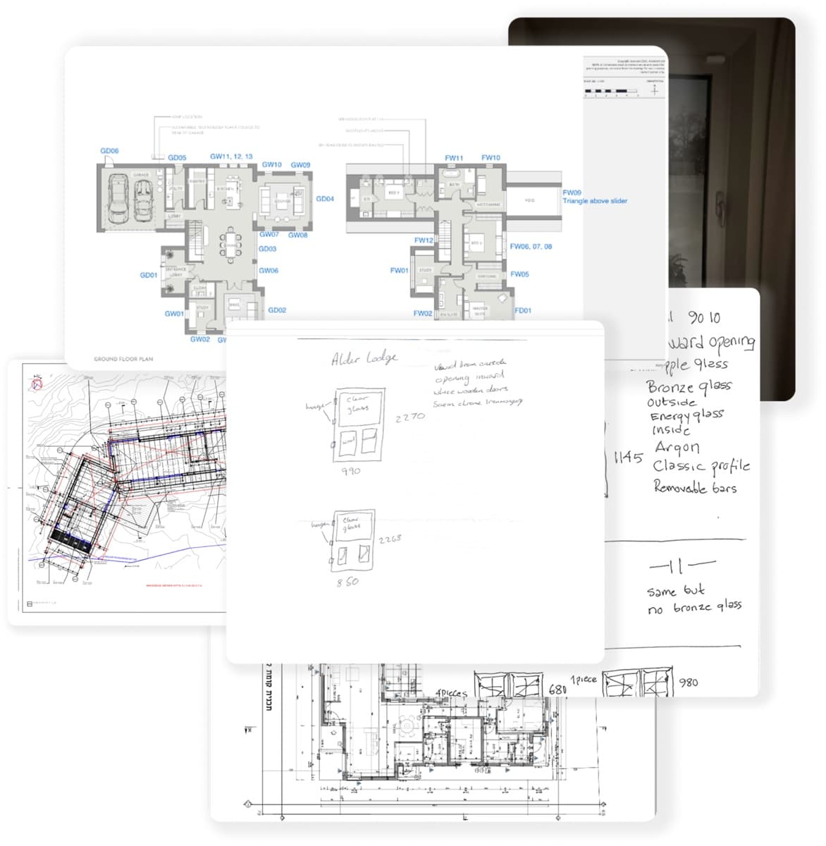 Architectural drawings and design notes collage